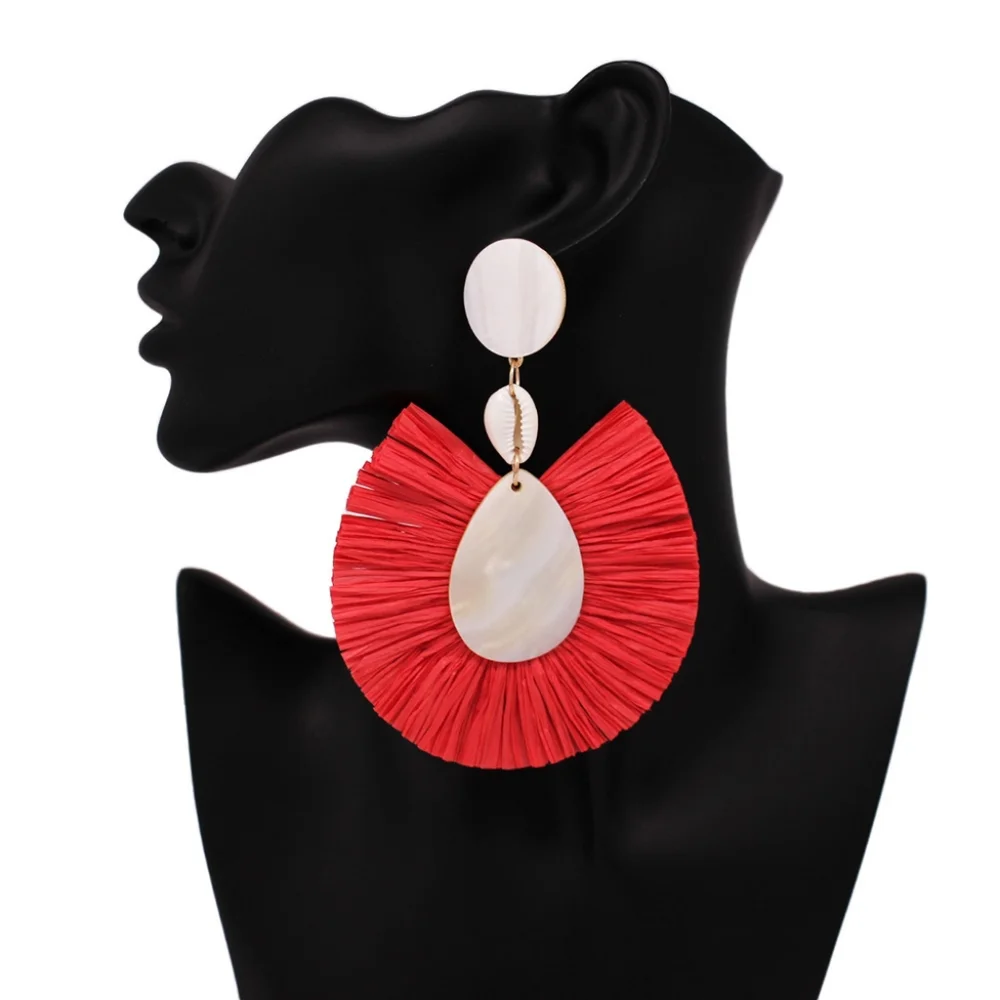 Red Fan Puka Shell Raffia Trimmed Teardrop Mother Of Pearl Dangle Earrings